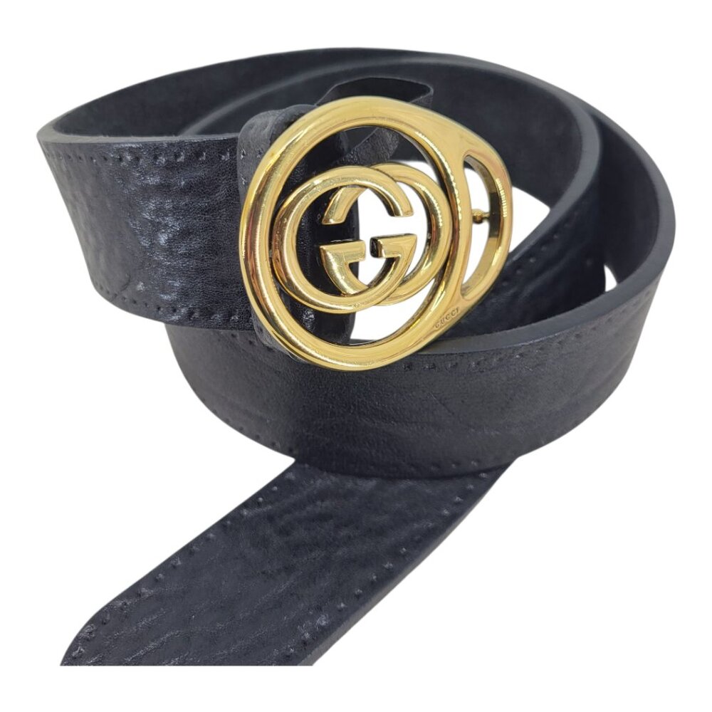 GUCCI Black Leather Belt Gold Tone GG Buckle